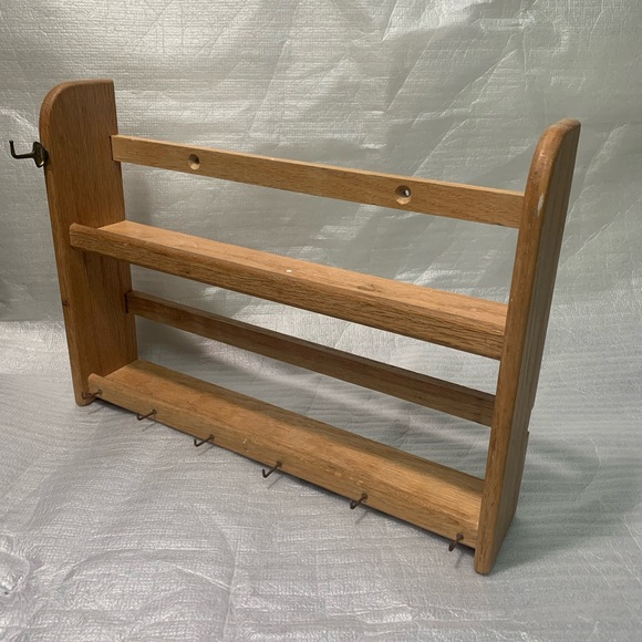 Vtg Rustic Farmhouse 2 Tier Wood Wall Display Shelf With Hooks 15”Kitchen Rack